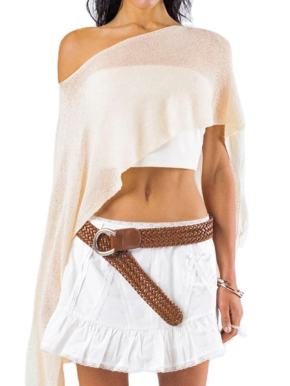 Women Sheer Poncho Top Multiway Knit Crochet Asymmetric Mesh Cover Up Going Out